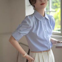 蓝色短袖夏季女衬衫通勤OL设计感小众职业面试正装衬衣中袖上衣
