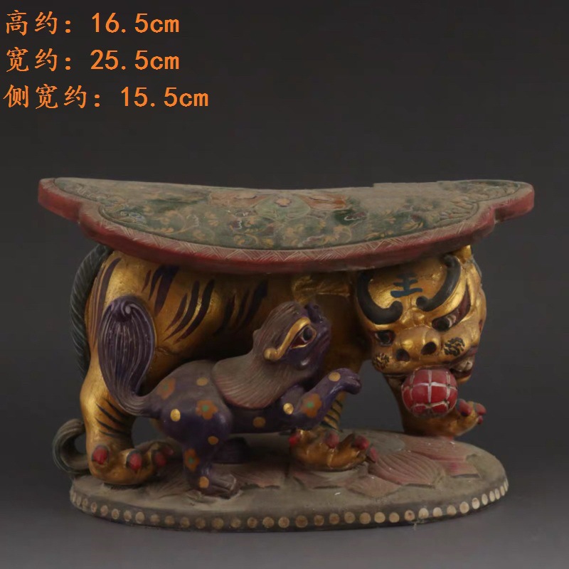 彩绘唐三彩狮戏绣球陶瓷枕头摆件古玩复古老瓷旧藏瓷