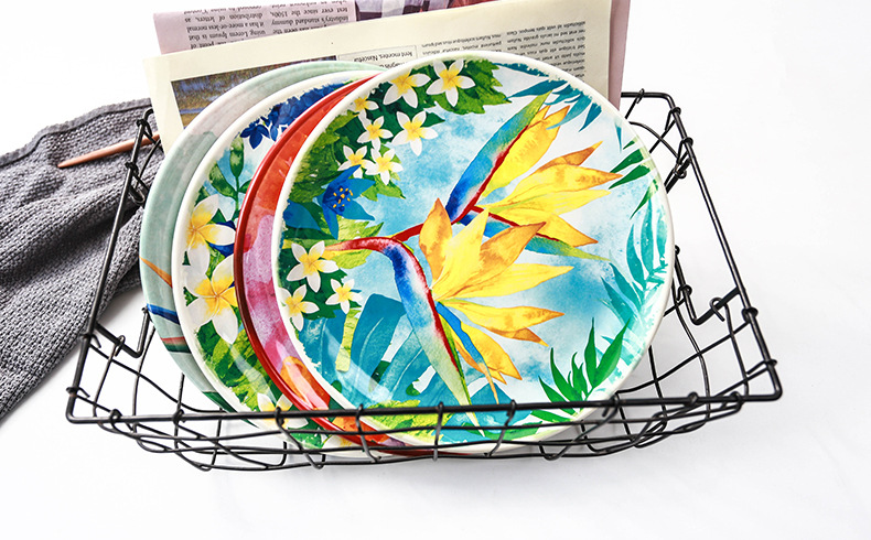 a5密胺春天系列8寸圆盘餐具 创意花卉餐盘西餐厅牛排盘点心摆拍盘