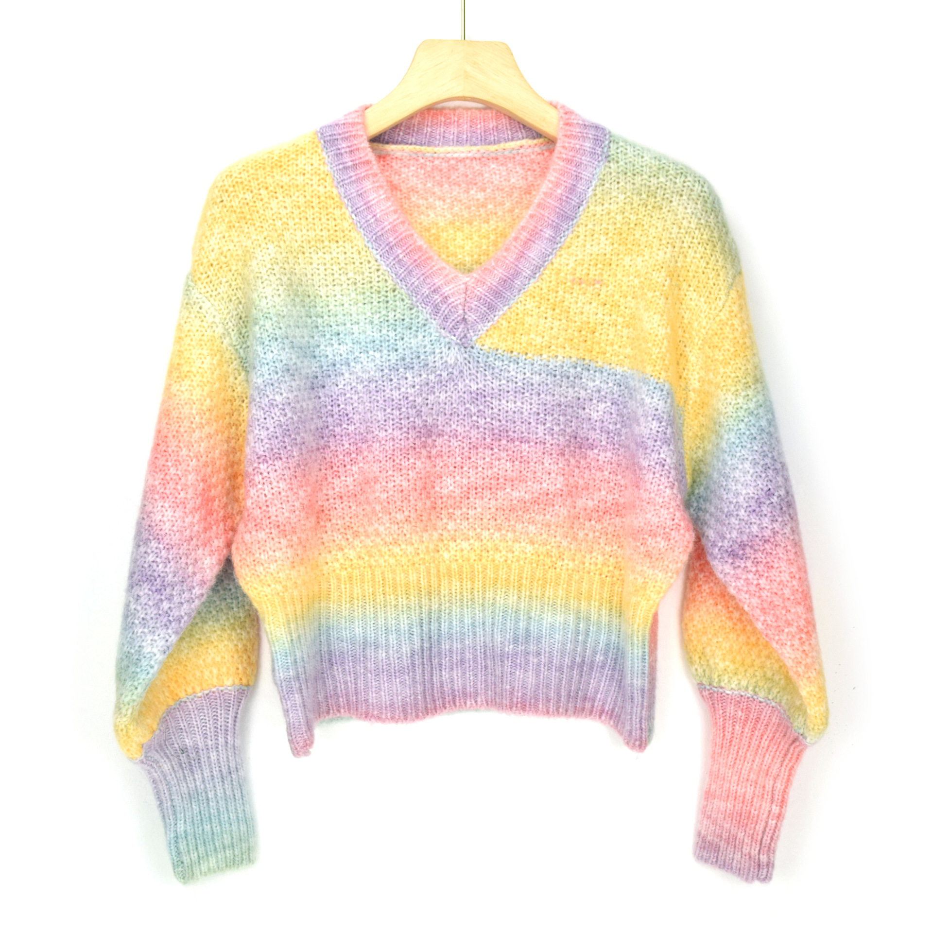 热销秋冬季彩虹渐变慵懒风针织段染梯色欧美套头v领收腰宽松毛衣