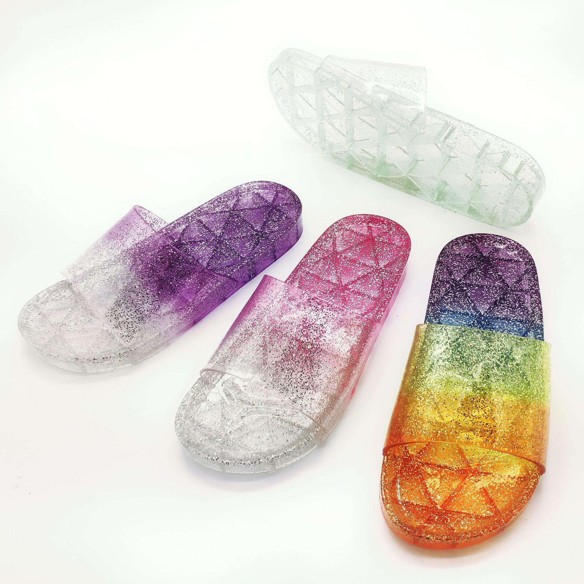 夏季休闲沙滩渐变色镂空水晶款拖鞋室外女款一字拖厂家直销