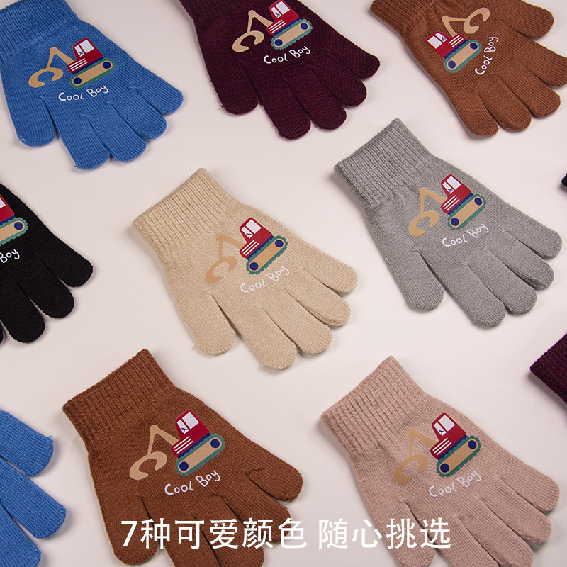 Children's Excavator Gloves Wholesale Autumn and Winter Five-Finger Knitted Wool Cold-Proof Warm Cartoon Cute Boys and Girls Baby