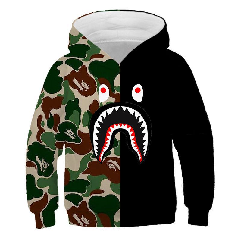 潮牌同款 bape鲨鱼服 3d数码印花拼接男女长袖卫衣外套