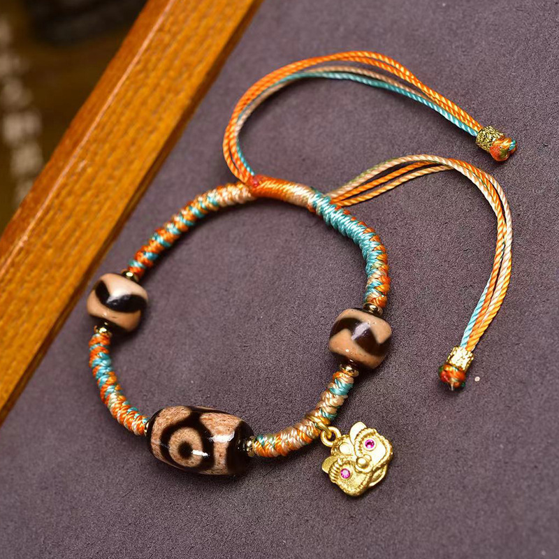 天然玛瑙佛眼三眼天珠手绳藏式文玩复古民族风可调节编织绳手链女