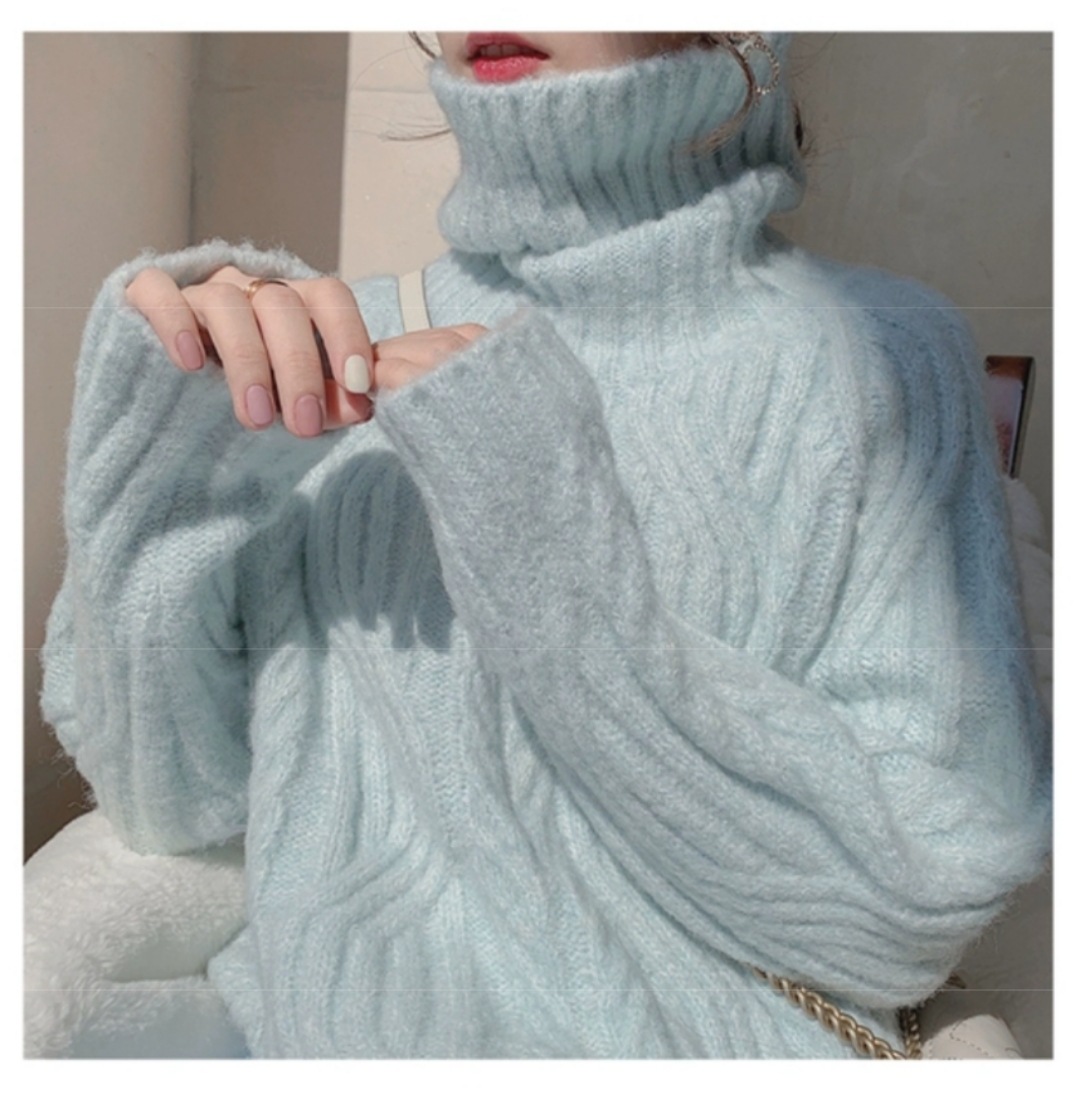 Soft Glutinous Turtleneck Sweater for Women Autumn and Winter Lazy Style Loose Outer Wear Thick Warm White Cable-Knit Pullover Sweater