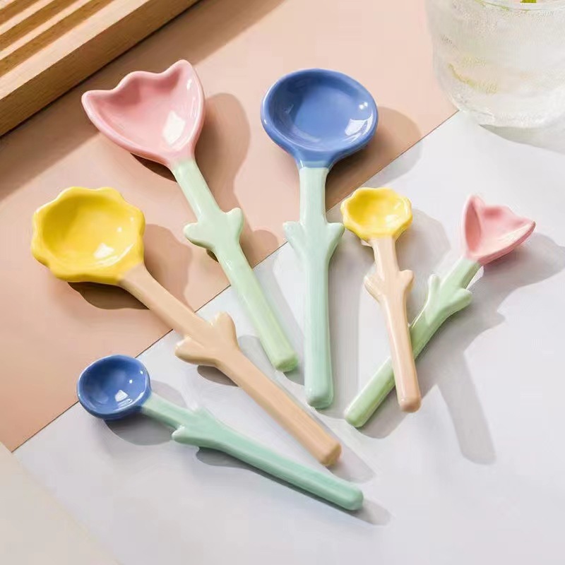 Tulip Ceramic Long Spoon Household Good-looking Fresh Flowers Coffee Spoon Dessert Spoon Ice-Cream Spoon Meal Spoon
