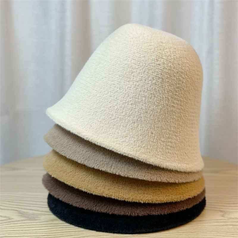 Big Head Circumference Bucket Hat Women's Autumn and Winter Wild Bucket Hat Japanese Style Plain Face Hat Small Knitted Warm Bucket Hat Tide