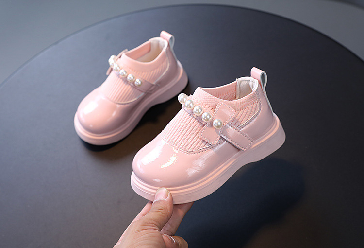 日系女童时尚公主小皮鞋儿童圆头漆皮大头鞋珍珠舞蹈鞋飞织口皮鞋