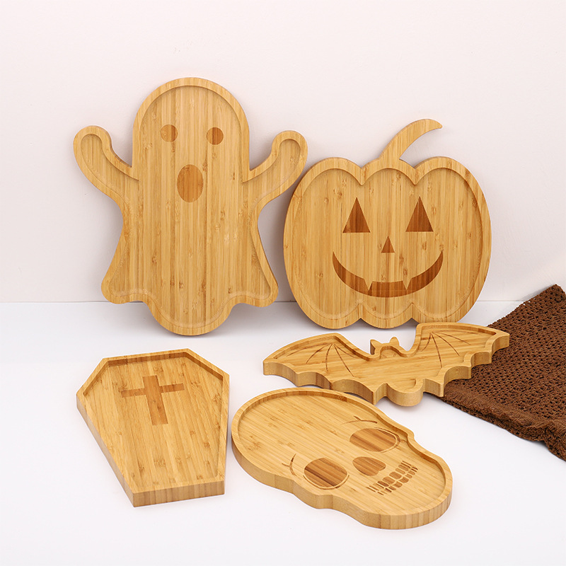 Wooden Halloween Decorative Dinner Plate Ghost Tray Solid Wood Funny Christmas Tray Wooden Cooked Food Plate Wood Pallet