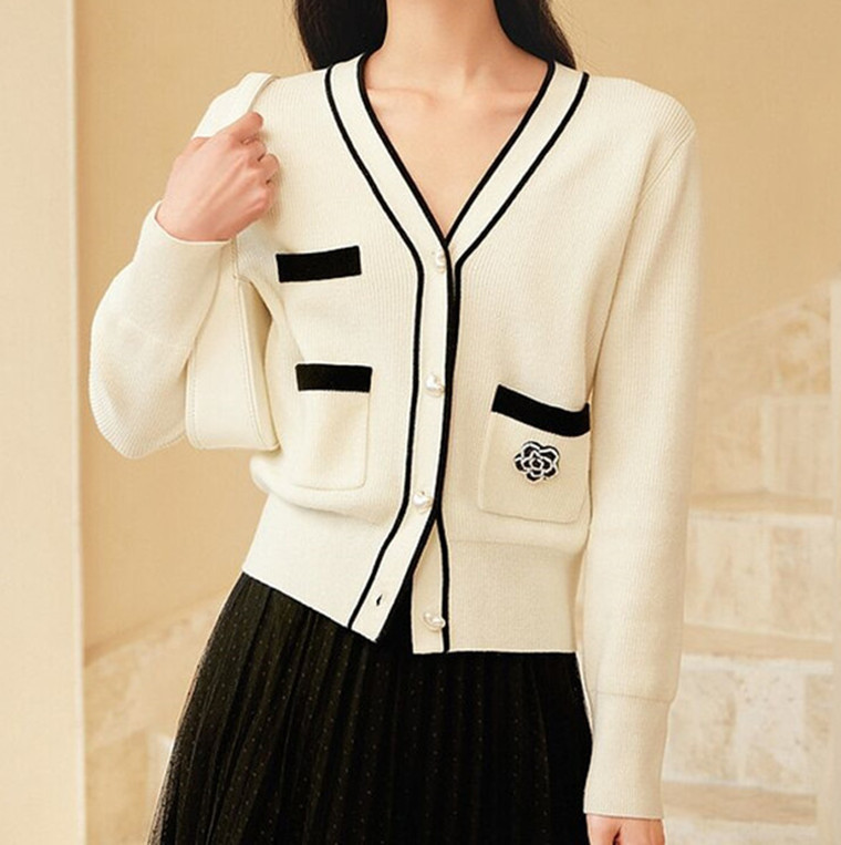 四季青气质撞色拼接毛衣女2022秋冬新款针织衫韩系休闲英伦风外套