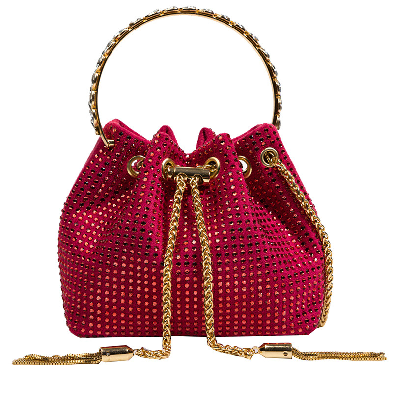 Trendy Women's Bags Women's High-Grade Temperament Crossbody All-Matching Rhinestone-Encrusted Chain Portable Bucket Bag Cross-Border Fashion Dinner Bag