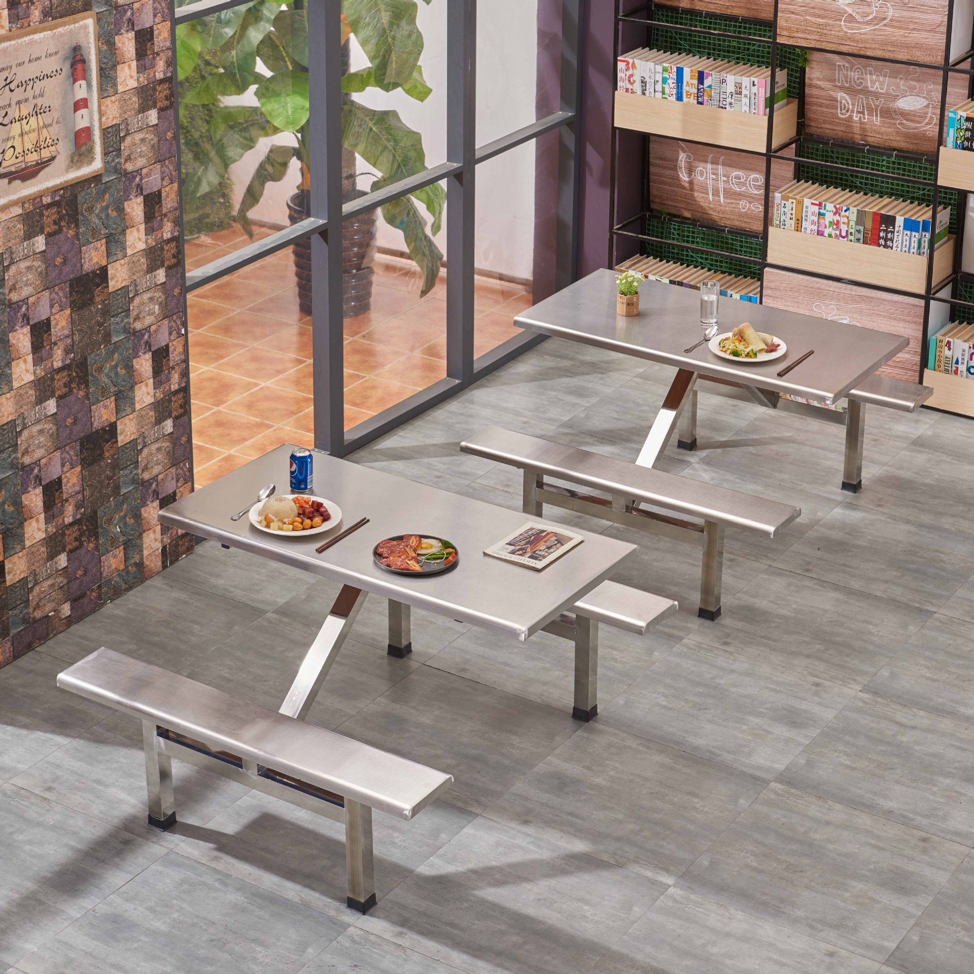 不锈钢连体餐桌椅组合公共食堂工厂员工饭堂歺台条凳整套