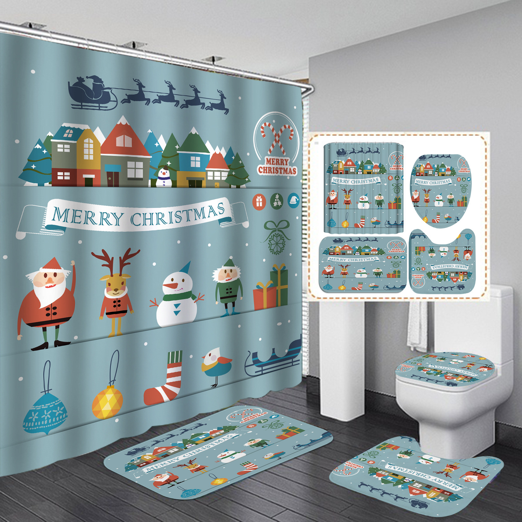 Cross-Border Direct Shower Curtain Four-Piece Christmas Series Waterproof Punch-Free Partition Curtain Bath Curtain Hotel Rain Curtain