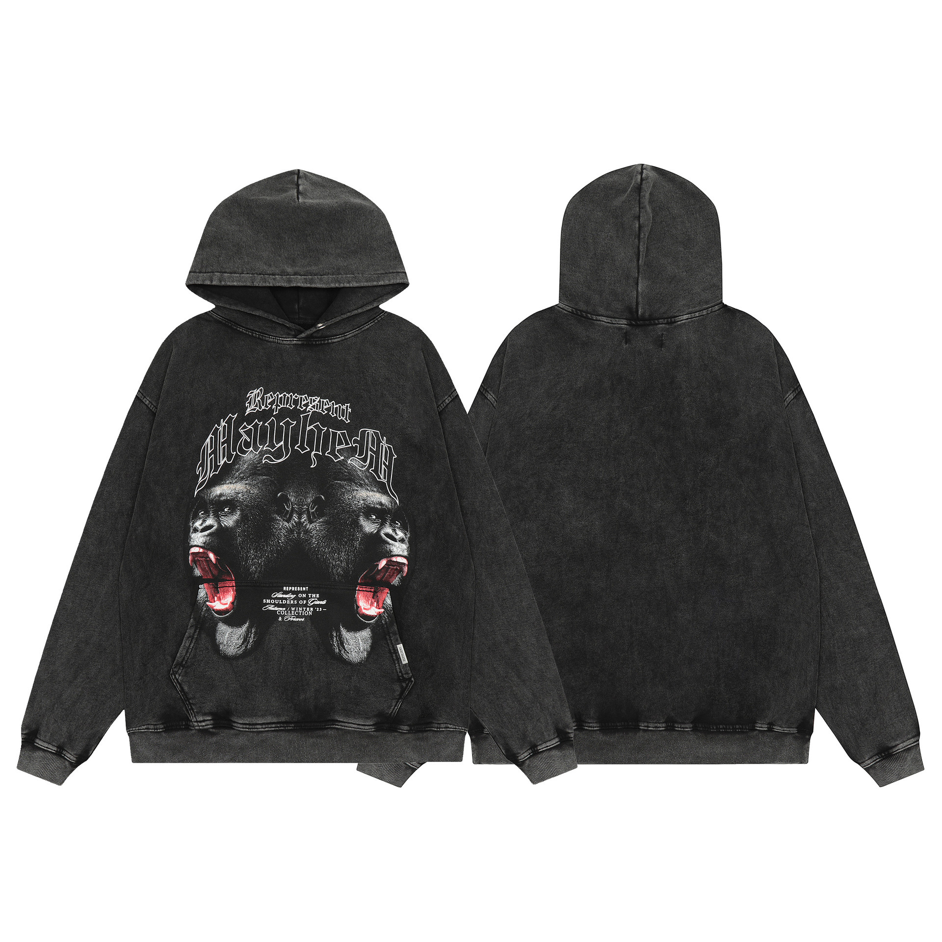 跨境represent金刚猩猩猿人头高街街头洗水做旧连帽卫衣帽衫潮牌