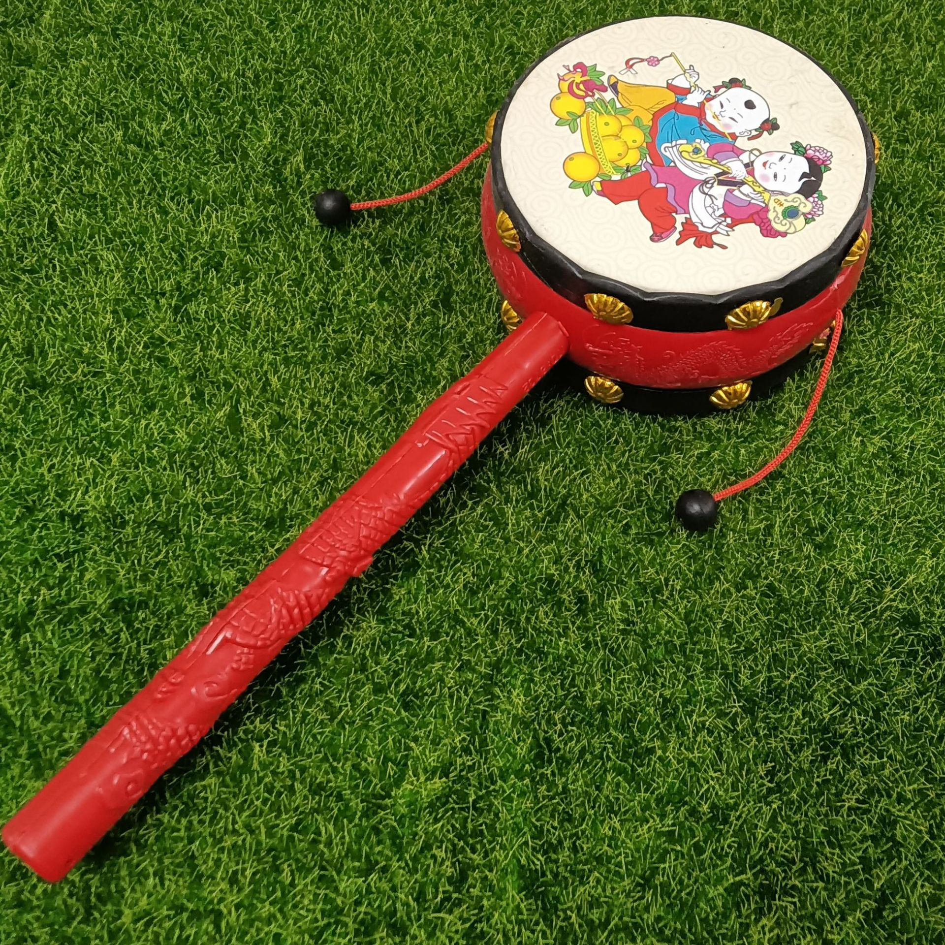 【乐美玩具】大号24*9cm吉祥摇鼓金边拨浪鼓 乐器婴幼儿玩具批发