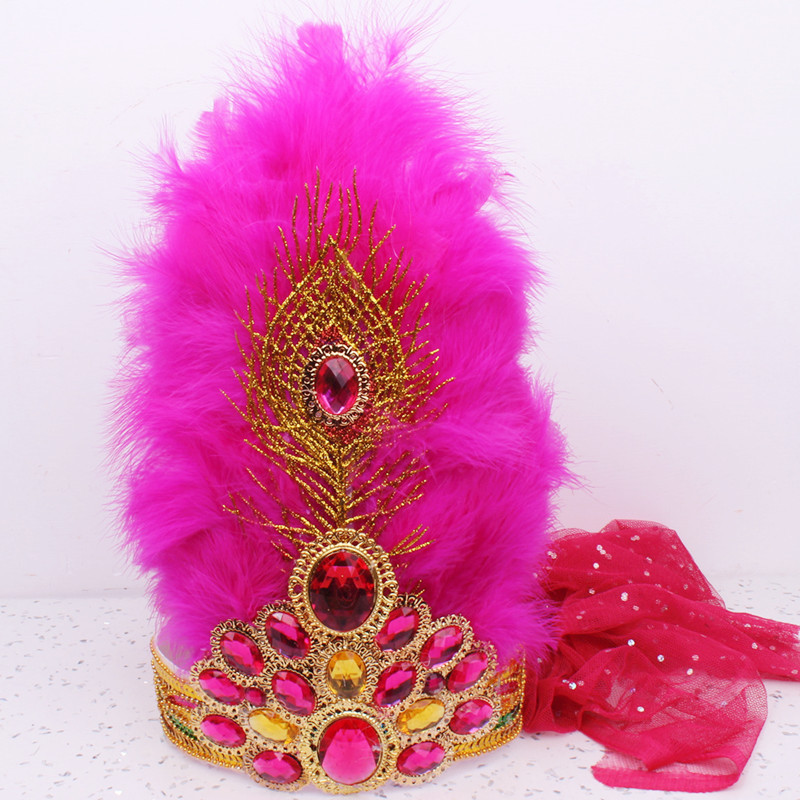 新疆舞蹈花帽大羽毛贴钻头饰印度舞维族舞哈萨克舞广场舞带纱头饰