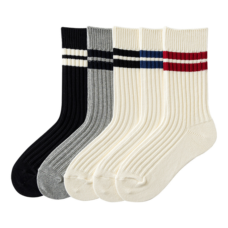 Spring/Summer New Striped Double Needle Socks Retro Europe and America Simple Tube Socks Korean Hong Kong Style Men's Socks