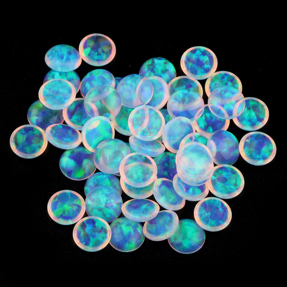 op534半透明白色梦幻火彩人造果冻澳宝 圆形平底卜面戒面合成欧泊