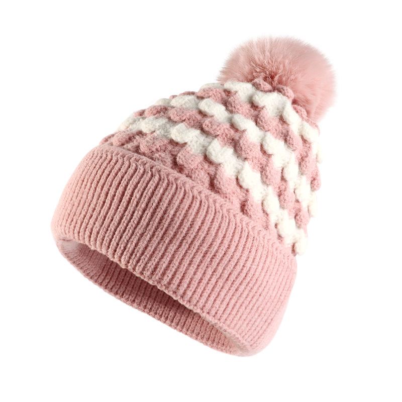 Hat 2023 Autumn and Winter New Striped Flanging Fur Ball Knitted Hat Female Fashionable Warm Woolen Cap European and American Hat Fashion