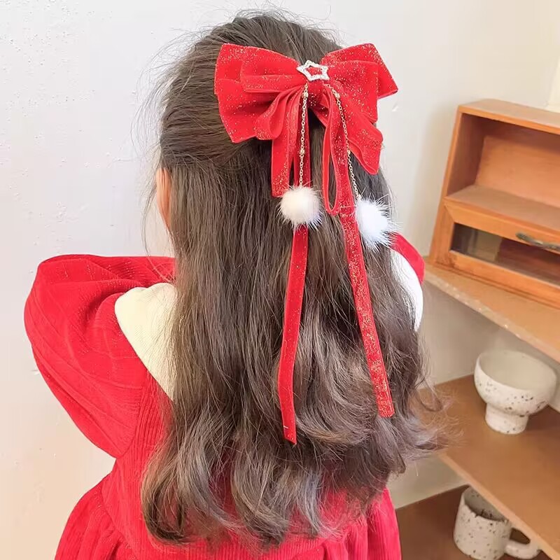 Children Red Mink Velvet Barrettes Festive New Year Antique Hair Accessories Girls Baby Spring Festival Hanfu Hairpin Factory Wholesale