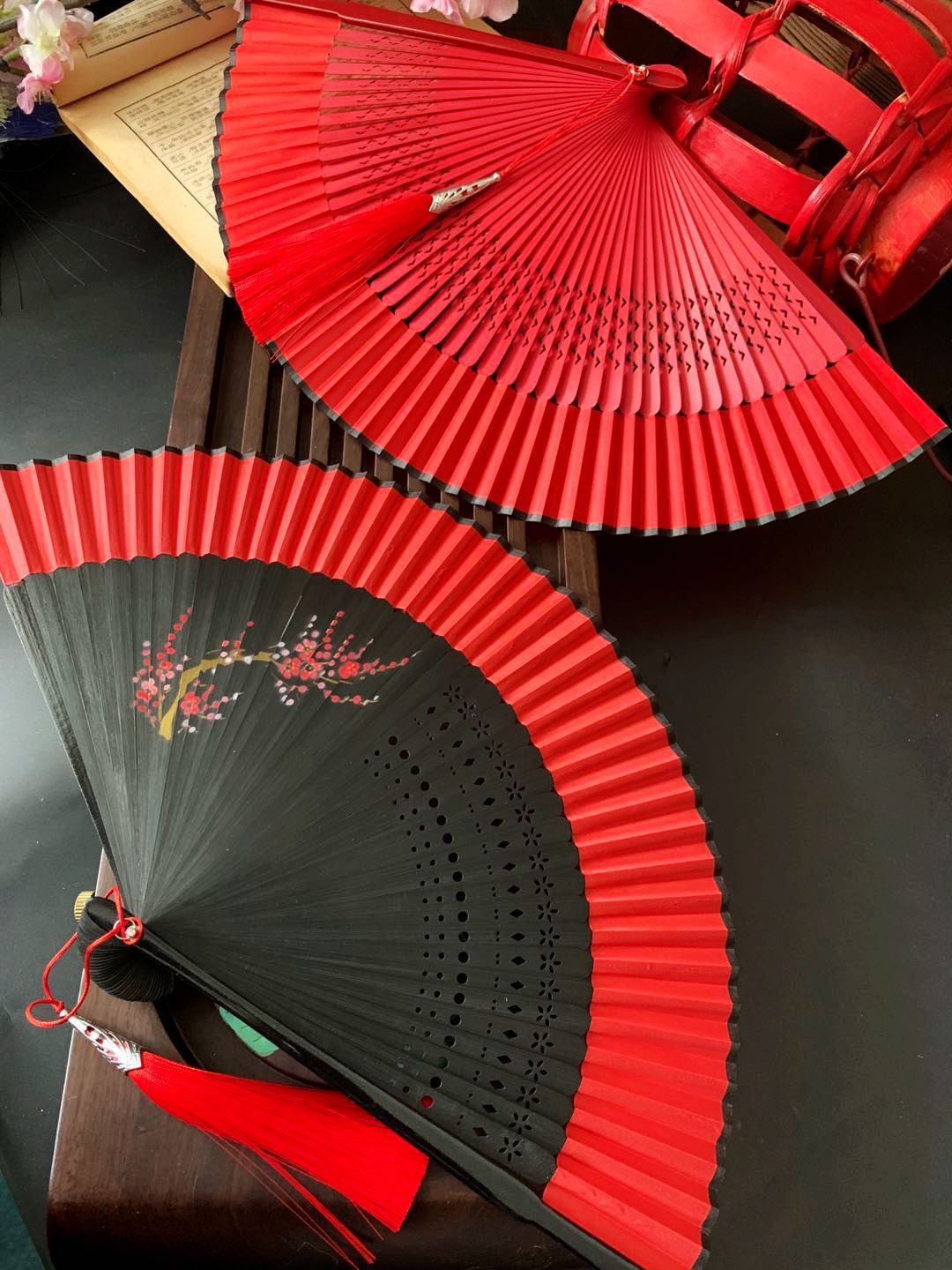 扇子古风古代折扇风红色汉服舞蹈扇酒吧蹦迪好开合顺滑折叠扇