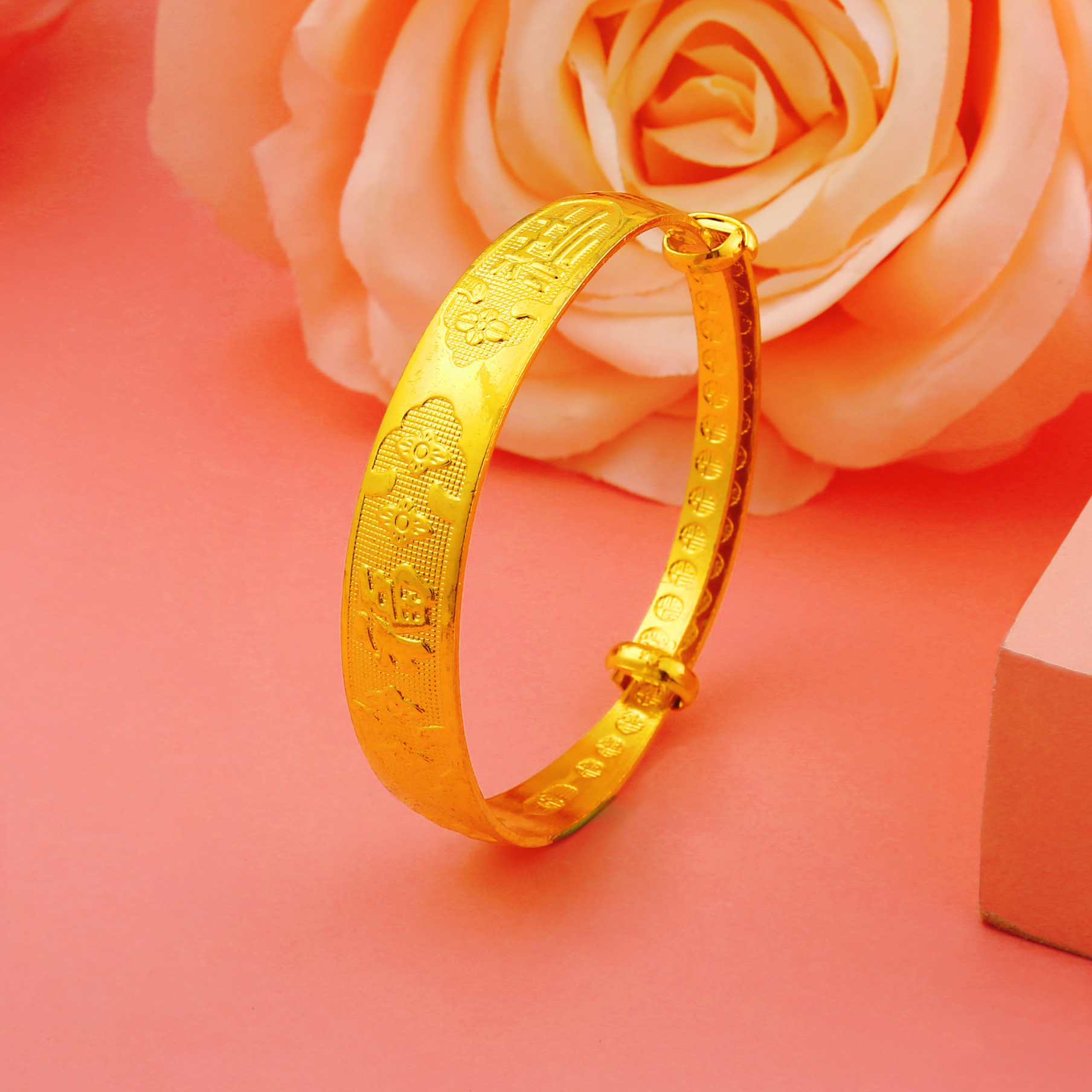 批发12mm黄铜镀金福吉祥推拉手镯复古越南沙金女士福字宽面手镯女