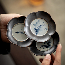 3DWF手绘梅兰竹菊陶瓷茶杯杯垫花型杯托功夫茶具铁锈釉隔热垫茶道