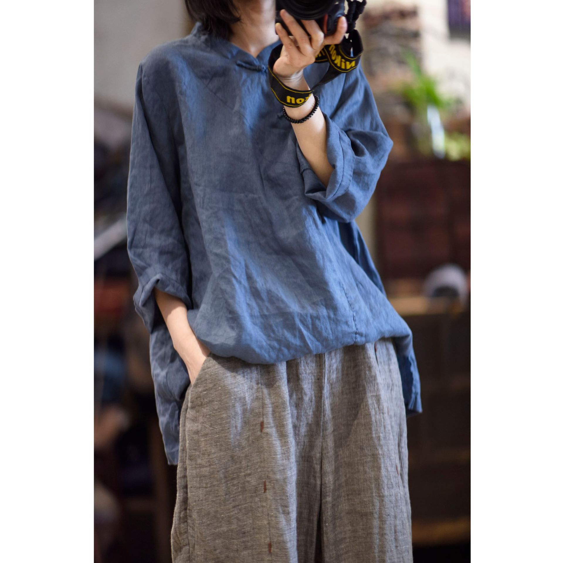 22/4 阿原/ 文艺复古亚麻小立领手工扣麻布斜襟套头衫