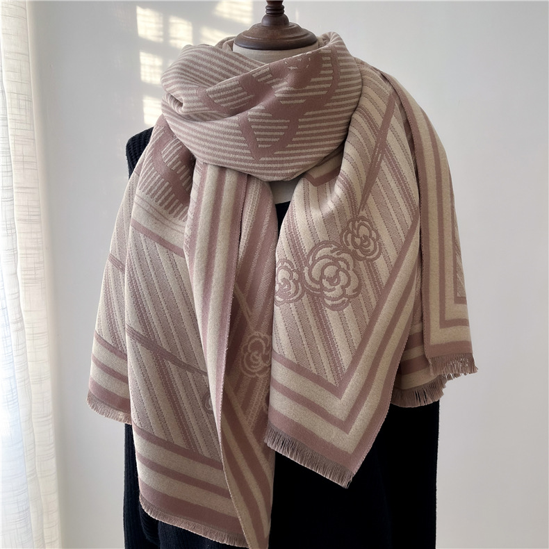 Cross-Border Autumn and Winter Double-Sided Camellia Cashmere-like Shawl Outer Match Thick Warm Cape Coat Foreign Trade Scarf