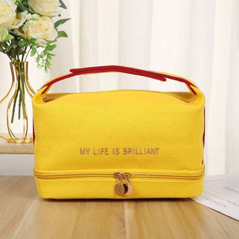 Double-Layer Canvas Cosmetic Bag New Ins Style Handbag Simple Travel Storage Bag Portable Wash Bag in Stock