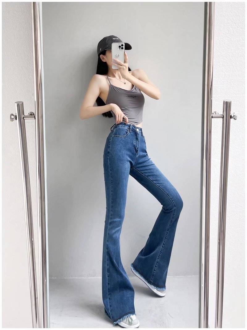 Autumn and Winter Fashion Small High Waist Raw Hem Jeans Retro Distressed Small Man Stretchy Wide-Leg Slim Flare Pants