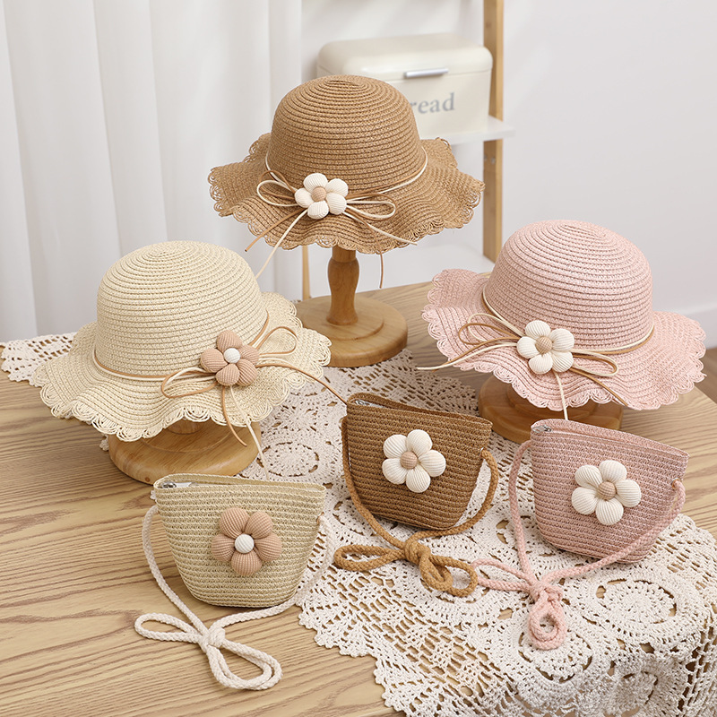children hat women‘s summer fisherman hat straw hat bag two-piece set western style cute flower sun protection sun hat