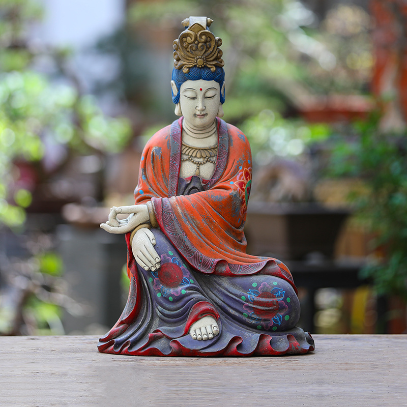 香樟木自在观音矿物彩绘佛像摆件实木家用供奉观世音菩萨保平安