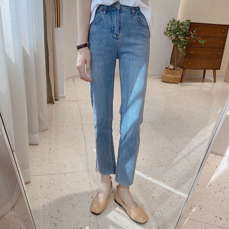 Buy without Hesitation! Small Expert in Leg Modification! ~ Stretch Slimming Light Blue Straight Jeans Women's Ankle-Length Frayed Hem Women's Pants