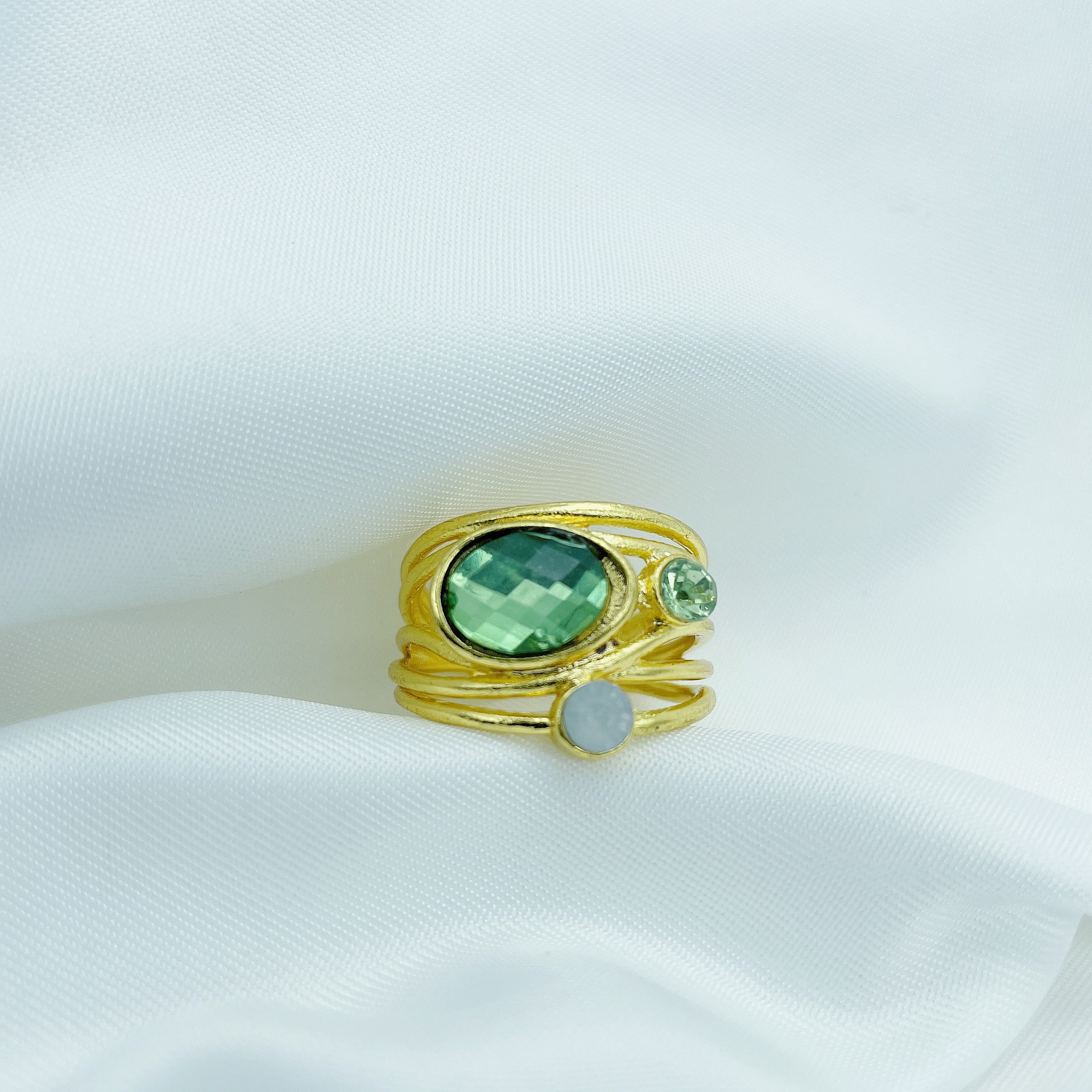 wish跨境电商 七彩月光石戒指 欧美流行创意多层波浪锆石指环女