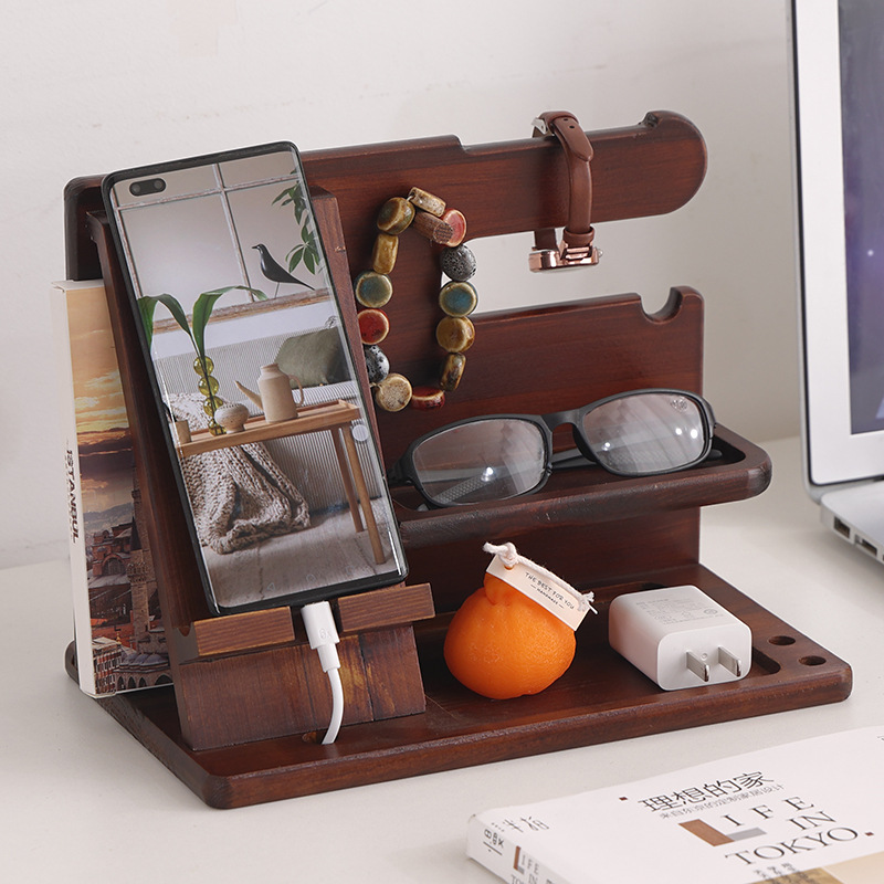 Wooden Phone Bracket Household Remote Control Shelf Hanging Watch Glasses Keys Pendant Desktop Charging Storage Rack