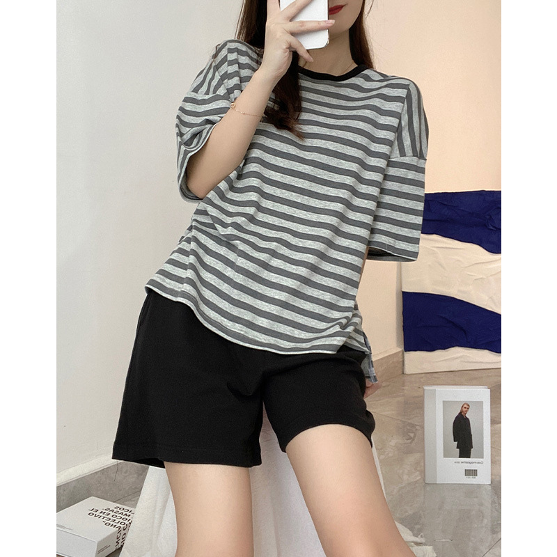 Pajamas Women's Summer Cotton 2022 New Short Sleeve Thin Striped Summer Leisure Outerwear Homewear Suit