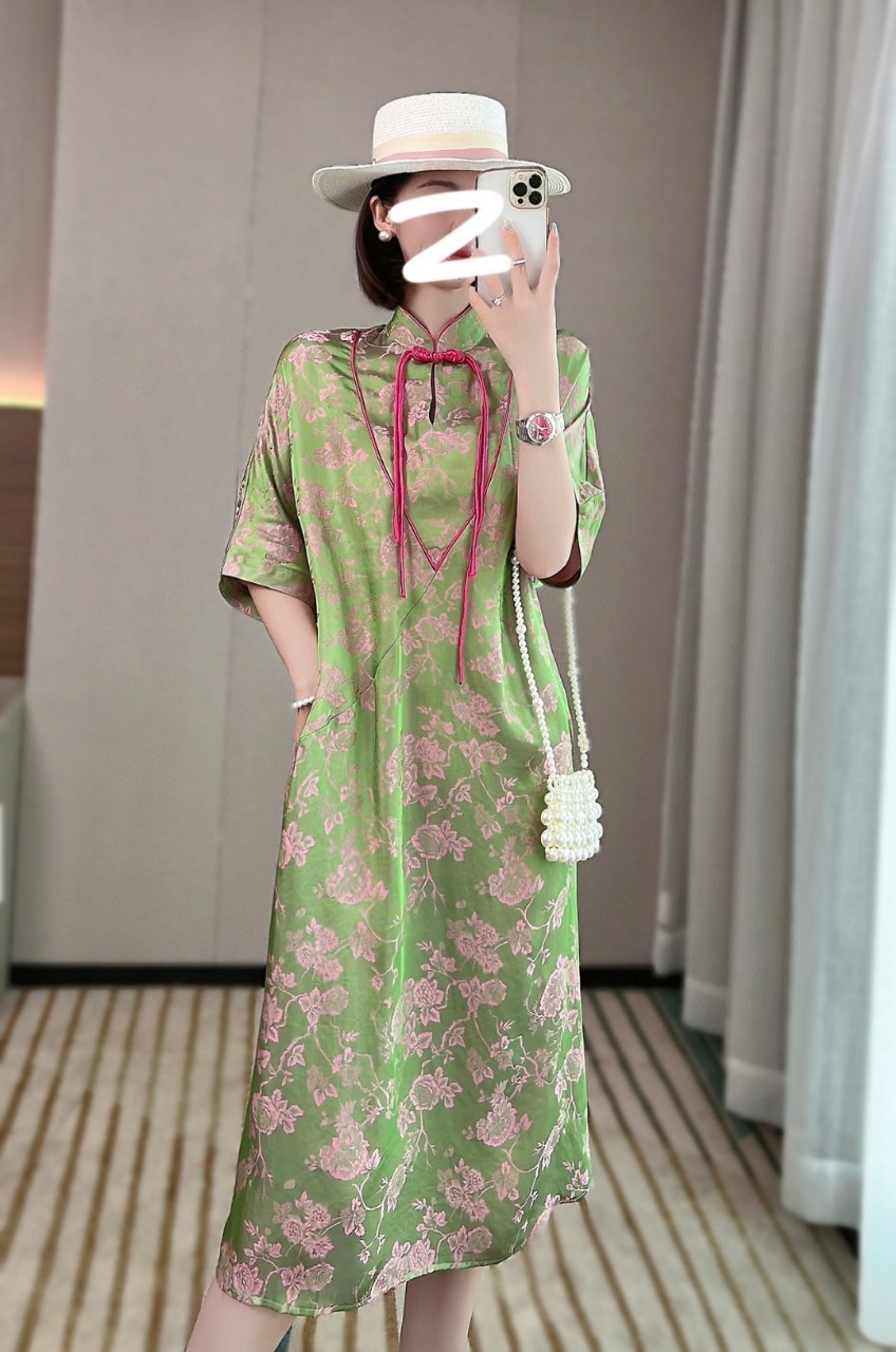 原创高货双面真丝花罗立领中式国风复古连衣裙一件代发