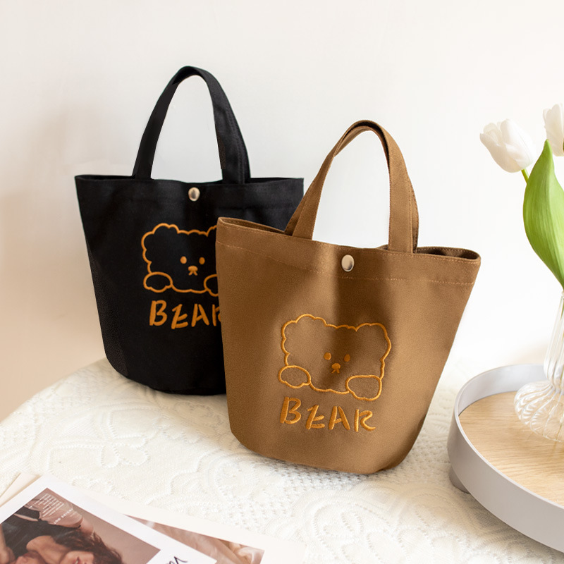 New Canvas Handbag Women's Bag Korean Embroidery Cute Student Lunch Bag Lunch Box Bento Embroidered Bucket Bag