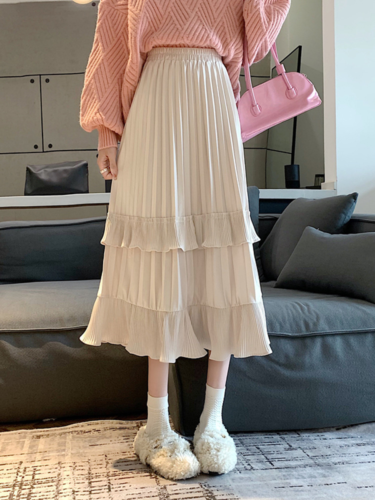杏色荷叶边半身裙女小个子2022秋冬新款显瘦中长款百褶裙黑色裙子