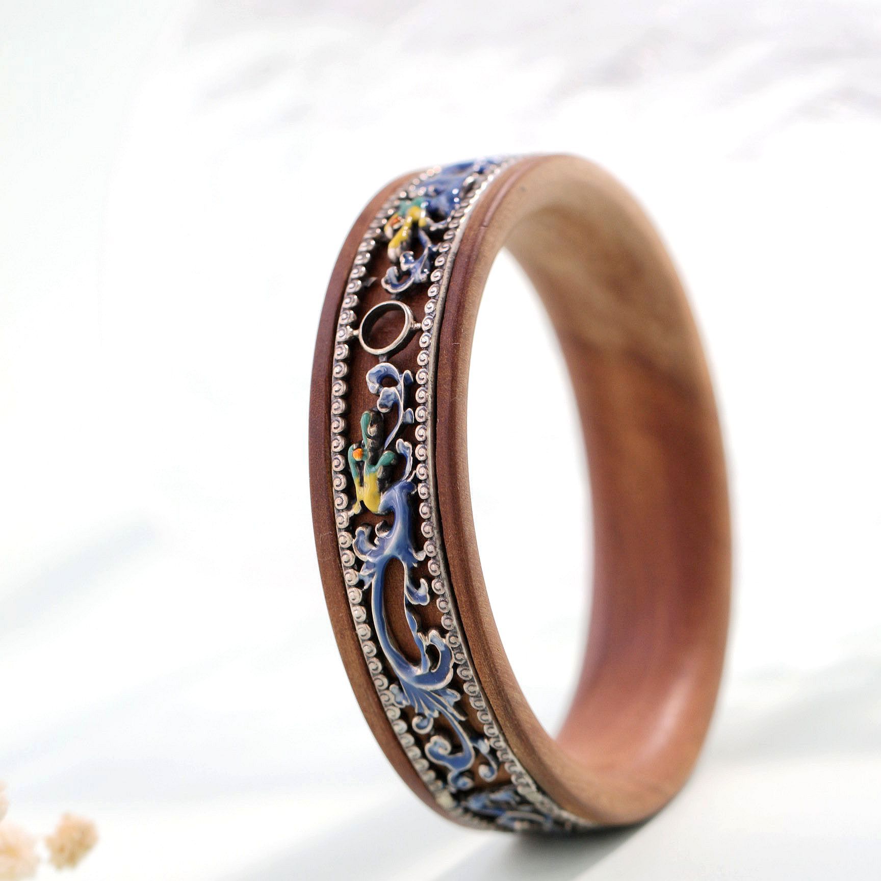 纳福阁银饰批发 手工镶天然檀木手镯925纯银景泰蓝民族风复古手环