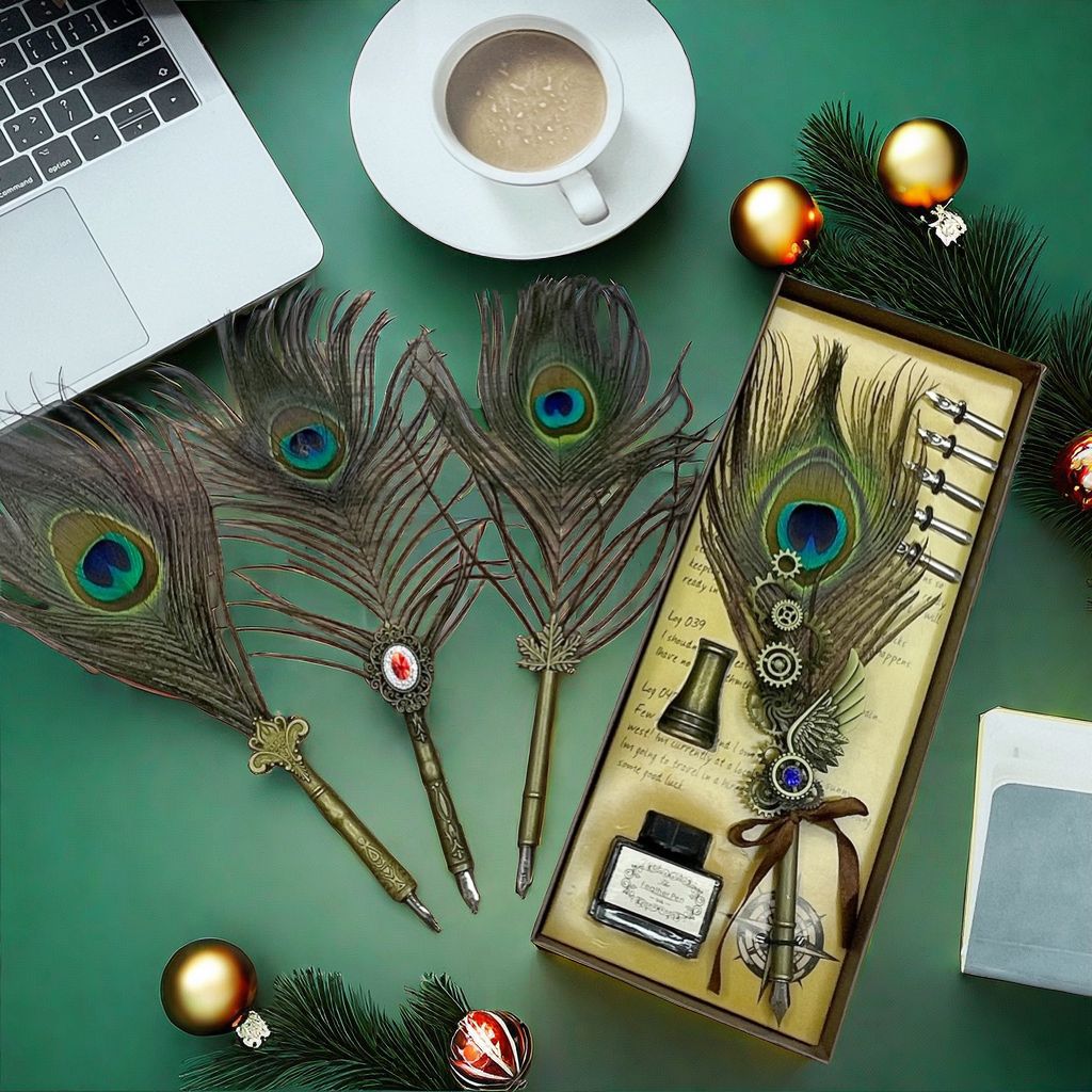 European-Style Retro Peacock Feather Pen Gift Set Set Dipped in Water Pen Gift Box Christmas Teacher's Day Birthday Gift