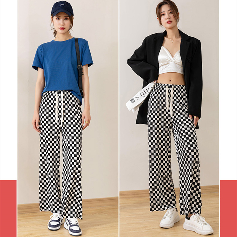 Plaid Cool Pants Summer Ice Silk Thread New Women's Loose Slimming Draping Effect Straight Mop Drawstring Casual Pants