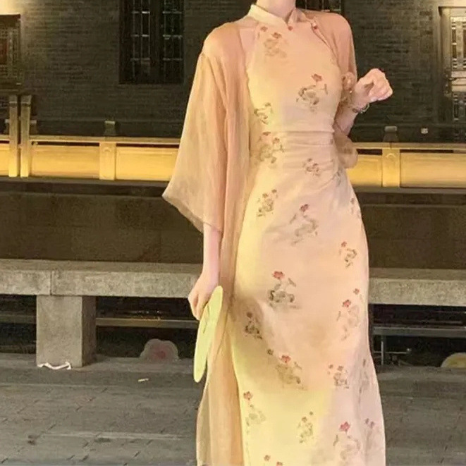 新中式复古改良旗袍连衣裙女2024年夏季新款收腰气质显瘦连衣裙子