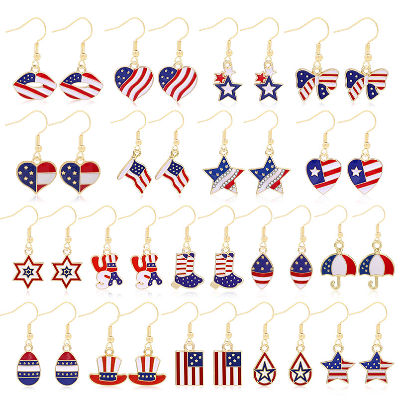 Amazon American Independence Day Earrings National Flag Red Blue White Pendant Ornaments Butterfly Lips Love Heart Earrings