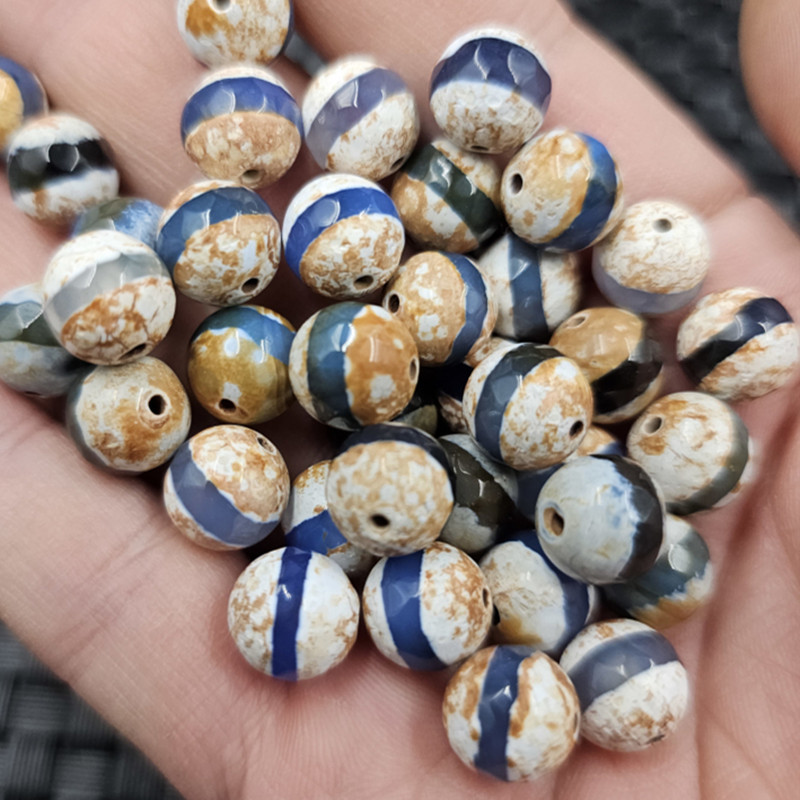 蓝色线型玛瑙圆珠玉石散珠火玛瑙手链饰品配件手工珠子黄白色珠子