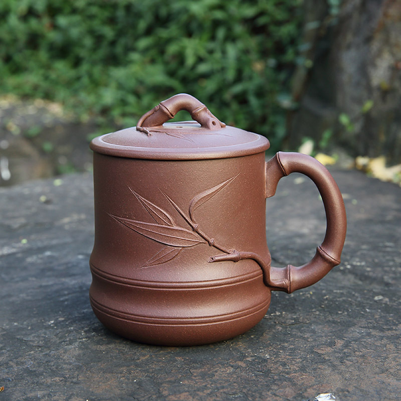 宜兴紫砂杯手工贴竹节双线男女士办公室家用大容量泡茶杯原矿泥料