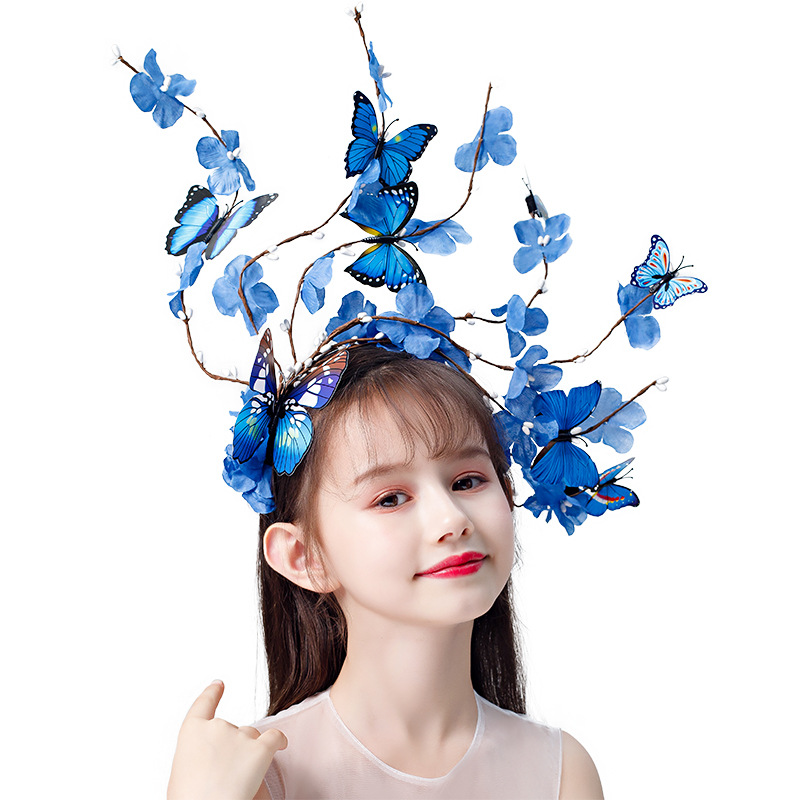 新款女童舞台走秀夸张头饰蓝色蝴蝶发箍小朋友演出发饰影楼头饰女