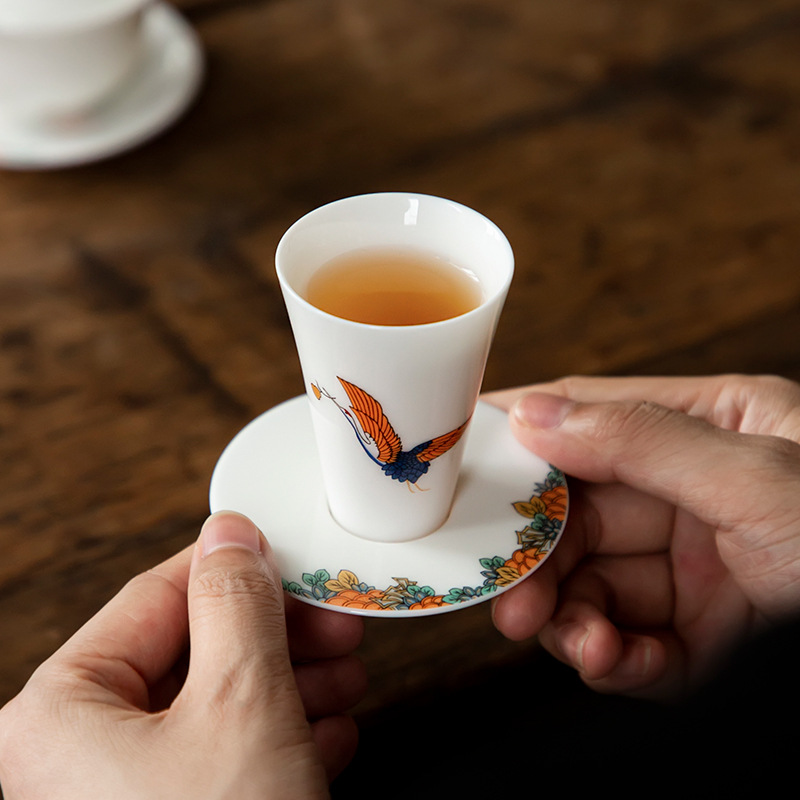 闻香杯茶盏品茗主人杯瑞鹤送福陶瓷茶杯杯碟女士女生杯托功夫茶杯