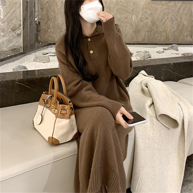 Korean Style Autumn and Winter New Lazy Wind Knitted Dress Women's Button Lapel Loose Long Pullover Woolen Skirt Outer Wear